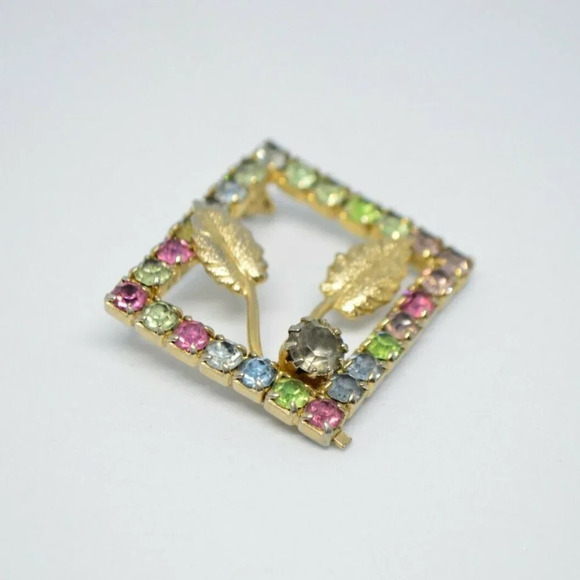 Multi-Color Pastel Rhinestone Rectangle Leaf Pin - Picture 2 of 5